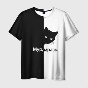 Мужская футболка 3D с принтом Черный кот в Кировске, 100% полиэфир | прямой крой, круглый вырез горловины, длина до линии бедер | буквы | глаза | кот | котик | кошка | минимал | надпись | настроение | простая надпись | текст | черно белое | черный кот | черный фон