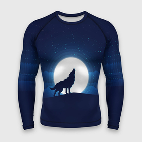 Мужской рашгард 3D с принтом Воющий на луну в Санкт-Петербурге,  |  | волк вобщий на луну | звезды | луна | небо | ночное небо | полнолуние