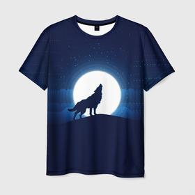 Мужская футболка 3D с принтом Воющий на луну в Санкт-Петербурге, 100% полиэфир | прямой крой, круглый вырез горловины, длина до линии бедер | волк вобщий на луну | звезды | луна | небо | ночное небо | полнолуние