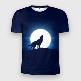 Мужская футболка 3D спортивная с принтом Воющий на луну в Курске, 100% полиэстер с улучшенными характеристиками | приталенный силуэт, круглая горловина, широкие плечи, сужается к линии бедра | Тематика изображения на принте: волк вобщий на луну | звезды | луна | небо | ночное небо | полнолуние