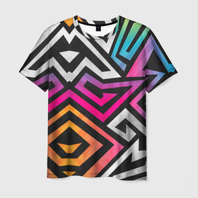 Мужская футболка 3D с принтом GRAFFITY , 100% полиэфир | прямой крой, круглый вырез горловины, длина до линии бедер | абстракция | геометрия | ломаные линии | неон | полоски | разноцветный принт | яркие цвета