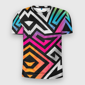Мужская футболка 3D спортивная с принтом GRAFFITY в Кировске, 100% полиэстер с улучшенными характеристиками | приталенный силуэт, круглая горловина, широкие плечи, сужается к линии бедра | абстракция | геометрия | ломаные линии | неон | полоски | разноцветный принт | яркие цвета