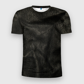 Мужская футболка 3D Slim с принтом Черная кожа в Белгороде, 100% полиэстер с улучшенными характеристиками | приталенный силуэт, круглая горловина, широкие плечи, сужается к линии бедра | кожа | кожанка | косуха | рельеф | складки | текстура | черный