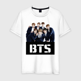 Мужская футболка хлопок с принтом BTS в Белгороде, 100% хлопок | прямой крой, круглый вырез горловины, длина до линии бедер, слегка спущенное плечо. | boyband | boys | bts | group | k pop | music | seoul | south korean | бойбенд | группа | мальчиковая | музыка | сеул | южнокорейский