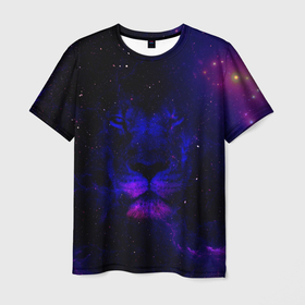 Мужская футболка 3D с принтом ЗВЕЗДНЫЙ ЛЕВ , 100% полиэфир | прямой крой, круглый вырез горловины, длина до линии бедер | animal | dark | king | lion | star | животные | звезды | звери | космос | лев | неон | силуэт | тьма | ультрафиолет | царь