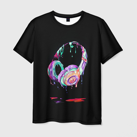 Мужская футболка 3D с принтом Потекшие наушники в Курске, 100% полиэфир | прямой крой, круглый вырез горловины, длина до линии бедер | amoled | брызги красок | капли красок | музыка | наушники