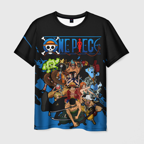 Мужская футболка 3D с принтом One Piece синий всплеск в Тюмени, 100% полиэфир | прямой крой, круглый вырез горловины, длина до линии бедер | one piece | аниме | все герои | логотип one piece | луффи из one piece