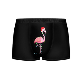 Мужские трусы 3D с принтом Новогодний Фламинго в Тюмени, 50% хлопок, 50% полиэстер | классическая посадка, на поясе мягкая тканевая резинка | 2021 | гирлянда | год быка | дед мороз | новогодний | новогодняя | новый год | птица | рождество | розовый фламинго | с новым годом | фламинго