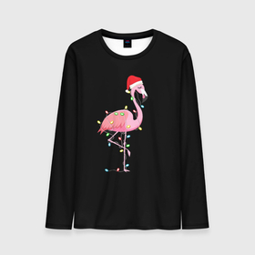 Мужской лонгслив 3D с принтом Новогодний Фламинго , 100% полиэстер | длинные рукава, круглый вырез горловины, полуприлегающий силуэт | 2021 | гирлянда | год быка | дед мороз | новогодний | новогодняя | новый год | птица | рождество | розовый фламинго | с новым годом | фламинго
