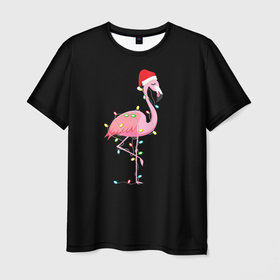 Мужская футболка 3D с принтом Новогодний Фламинго , 100% полиэфир | прямой крой, круглый вырез горловины, длина до линии бедер | 2021 | гирлянда | год быка | дед мороз | новогодний | новогодняя | новый год | птица | рождество | розовый фламинго | с новым годом | фламинго
