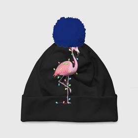 Шапка 3D c помпоном с принтом Новогодний Фламинго в Белгороде, 100% полиэстер | универсальный размер, печать по всей поверхности изделия | Тематика изображения на принте: 2021 | гирлянда | год быка | дед мороз | новогодний | новогодняя | новый год | птица | рождество | розовый фламинго | с новым годом | фламинго
