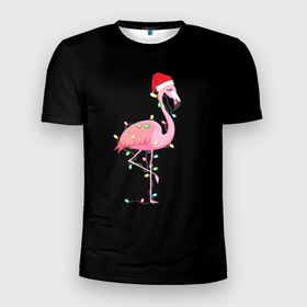 Мужская футболка 3D спортивная с принтом Новогодний Фламинго в Курске, 100% полиэстер с улучшенными характеристиками | приталенный силуэт, круглая горловина, широкие плечи, сужается к линии бедра | 2021 | гирлянда | год быка | дед мороз | новогодний | новогодняя | новый год | птица | рождество | розовый фламинго | с новым годом | фламинго