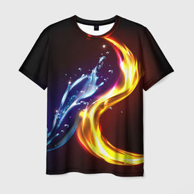 Мужская футболка 3D с принтом ОГОНЬ И ВОДА в Курске, 100% полиэфир | прямой крой, круглый вырез горловины, длина до линии бедер | битва огней | брызги | вода | капли | огонь | пламя | пожар