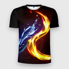 Мужская футболка 3D спортивная с принтом ОГОНЬ И ВОДА , 100% полиэстер с улучшенными характеристиками | приталенный силуэт, круглая горловина, широкие плечи, сужается к линии бедра | битва огней | брызги | вода | капли | огонь | пламя | пожар