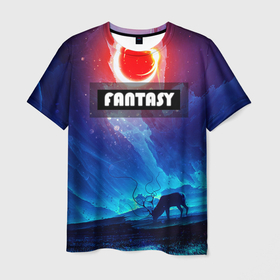 Мужская футболка 3D с принтом FANTASY в Белгороде, 100% полиэфир | прямой крой, круглый вырез горловины, длина до линии бедер | Тематика изображения на принте: горы | ледяные глыбы | неоновая луна | неоновая планета | неоновый свет | ночное небо | олень | фантастика | фентези
