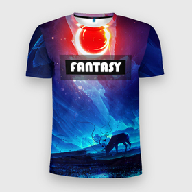 Мужская футболка 3D спортивная с принтом FANTASY в Новосибирске, 100% полиэстер с улучшенными характеристиками | приталенный силуэт, круглая горловина, широкие плечи, сужается к линии бедра | горы | ледяные глыбы | неоновая луна | неоновая планета | неоновый свет | ночное небо | олень | фантастика | фентези