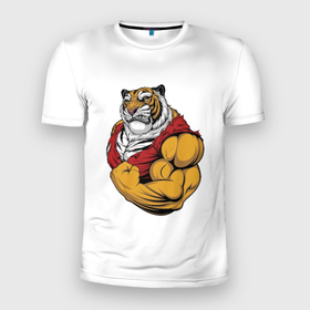 Мужская футболка 3D Slim с принтом Тигр в Кировске, 100% полиэстер с улучшенными характеристиками | приталенный силуэт, круглая горловина, широкие плечи, сужается к линии бедра | Тематика изображения на принте: животные | звери | кошки | силач | тигр | тигры | хищник