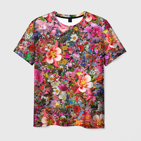 Мужская футболка 3D с принтом Разные цветы в Новосибирске, 100% полиэфир | прямой крой, круглый вырез горловины, длина до линии бедер | Тематика изображения на принте: колокольчики | красота | пион | прикольная | природа | растения | роза | тюльпан | цветок | цветы