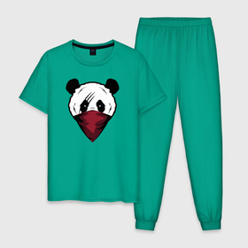 Мужская пижама хлопок с принтом Панда со шрамом в Курске, 100% хлопок | брюки и футболка прямого кроя, без карманов, на брюках мягкая резинка на поясе и по низу штанин
 | Тематика изображения на принте: злая панда | панда | панда бандана | панда бандит | панда в бандана | панда со шрамом | панда шрам
