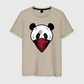 Мужская футболка хлопок с принтом Панда со шрамом в Новосибирске, 100% хлопок | прямой крой, круглый вырез горловины, длина до линии бедер, слегка спущенное плечо. | злая панда | панда | панда бандана | панда бандит | панда в бандана | панда со шрамом | панда шрам