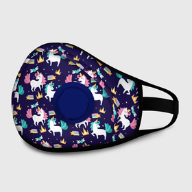 Маска из неопрена с принтом Unicorn pattern в городе Новоалтайск, неопрен 100% | Форма огибающая нос. Резинки для ушей с дополнительной резинкой на затылке. Клапан для выдоха для активного дыхания при занятиях спортом. Эластичный материал маски и окантовки для лучшего растяжения и прилегания маски.  | Тематика изображения на принте: cloud | heart | hoofs | horn | mane | pattern | star | tail | unicorn | грива | единорог | звезда | копыта | облако | рог | сердце | узор | хвост
