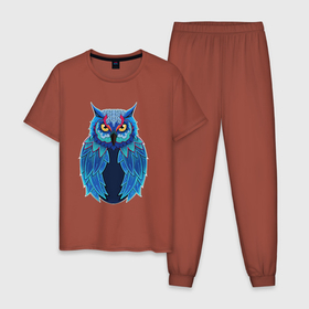 Мужская пижама хлопок с принтом Следящая сова в Новосибирске, 100% хлопок | брюки и футболка прямого кроя, без карманов, на брюках мягкая резинка на поясе и по низу штанин
 | арт | жёлтый | красный | рисунок | синий | синяя птица | сова | строгий взгляд | филин