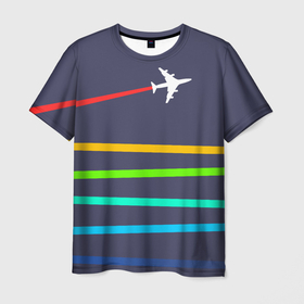 Мужская футболка 3D с принтом В небо в Тюмени, 100% полиэфир | прямой крой, круглый вырез горловины, длина до линии бедер | Тематика изображения на принте: абстракция | авиация | неон | полосы | самолет