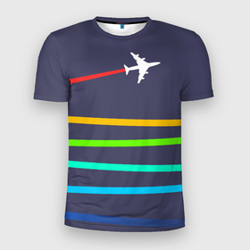 Мужская футболка 3D спортивная с принтом В небо , 100% полиэстер с улучшенными характеристиками | приталенный силуэт, круглая горловина, широкие плечи, сужается к линии бедра | абстракция | авиация | неон | полосы | самолет