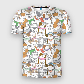 Мужская футболка 3D Slim с принтом Большая семья котиков в Екатеринбурге, 100% полиэстер с улучшенными характеристиками | приталенный силуэт, круглая горловина, широкие плечи, сужается к линии бедра | bow | cat | scarf | spots | бант | косынка | кот | полоски | пятна | улыбки | шапка | шарф