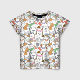 Детская футболка 3D с принтом Большая семья котиков в Новосибирске, 100% гипоаллергенный полиэфир | прямой крой, круглый вырез горловины, длина до линии бедер, чуть спущенное плечо, ткань немного тянется | bow | cat | scarf | spots | бант | косынка | кот | полоски | пятна | улыбки | шапка | шарф