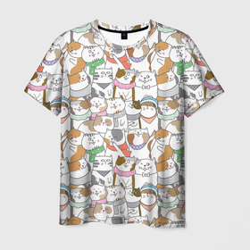 Мужская футболка 3D с принтом Большая семья котиков в Курске, 100% полиэфир | прямой крой, круглый вырез горловины, длина до линии бедер | bow | cat | scarf | spots | бант | косынка | кот | полоски | пятна | улыбки | шапка | шарф