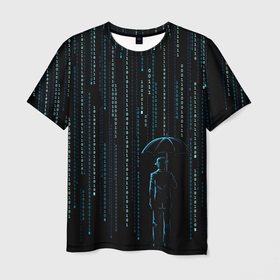 Мужская футболка 3D с принтом Двоичный дождь, матрица в Курске, 100% полиэфир | прямой крой, круглый вырез горловины, длина до линии бедер | 1 | banksy | matrix | бэнкси | двоичный код | дожди | дождливая погода | дождь | матрица | программма