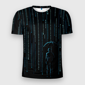 Мужская футболка 3D спортивная с принтом Двоичный дождь, матрица в Екатеринбурге, 100% полиэстер с улучшенными характеристиками | приталенный силуэт, круглая горловина, широкие плечи, сужается к линии бедра | 1 | banksy | matrix | бэнкси | двоичный код | дожди | дождливая погода | дождь | матрица | программма