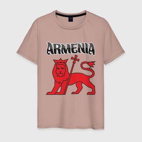 Мужская футболка хлопок с принтом Армения в Новосибирске, 100% хлопок | прямой крой, круглый вырез горловины, длина до линии бедер, слегка спущенное плечо. | Тематика изображения на принте: арарат | армения | герб | горы | лев | страна | флаг | шашлык