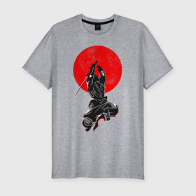Мужская футболка хлопок Slim с принтом Samurai в Курске, 92% хлопок, 8% лайкра | приталенный силуэт, круглый вырез ворота, длина до линии бедра, короткий рукав | Тематика изображения на принте: art | katana | man | ninja | red moon | samurai | арт | катана | красная луна | ниндзя | самурай | человек