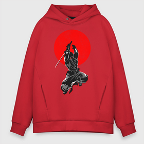 Мужское худи Oversize хлопок с принтом Samurai в Курске, френч-терри — 70% хлопок, 30% полиэстер. Мягкий теплый начес внутри —100% хлопок | боковые карманы, эластичные манжеты и нижняя кромка, капюшон на магнитной кнопке | Тематика изображения на принте: art | katana | man | ninja | red moon | samurai | арт | катана | красная луна | ниндзя | самурай | человек