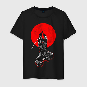 Мужская футболка хлопок с принтом Samurai в Курске, 100% хлопок | прямой крой, круглый вырез горловины, длина до линии бедер, слегка спущенное плечо. | Тематика изображения на принте: art | katana | man | ninja | red moon | samurai | арт | катана | красная луна | ниндзя | самурай | человек