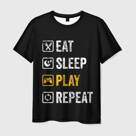 Мужская футболка 3D с принтом Eat. Sleep. Play. Repeat в Санкт-Петербурге, 100% полиэфир | прямой крой, круглый вырез горловины, длина до линии бедер | art | food | gamepad | games | inscription | joystick | schedule | sleep | text | арт | джойстик | еда | игры | надпись | расписание | сон | текст
