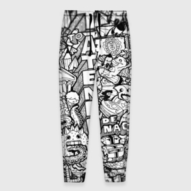 Мужские брюки 3D с принтом Doodle граффити в Петрозаводске, 100% полиэстер | манжеты по низу, эластичный пояс регулируется шнурком, по бокам два кармана без застежек, внутренняя часть кармана из мелкой сетки | Тематика изображения на принте: doodle | graffiti | граффити | дудл | чб