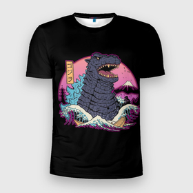 Мужская футболка 3D Slim с принтом Godzilla art в Санкт-Петербурге, 100% полиэстер с улучшенными характеристиками | приталенный силуэт, круглая горловина, широкие плечи, сужается к линии бедра | Тематика изображения на принте: аниме. арт | годзилла | монстр | япония