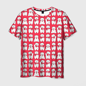 Мужская футболка 3D с принтом Мишки в шарфиках в Петрозаводске, 100% полиэфир | прямой крой, круглый вырез горловины, длина до линии бедер | 2021 | белый | белый медведь | белый мишка | год | детская | животные | звери | красная футболка | медведи | медведь | мишка | мишка в шарфике | мишки | на новый год | новый | новый год | подарок | праздник