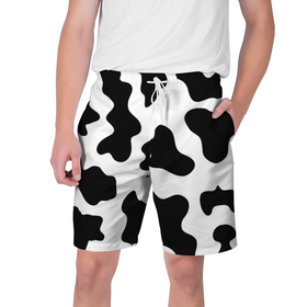 Мужские шорты 3D с принтом Му-му в Новосибирске,  полиэстер 100% | прямой крой, два кармана без застежек по бокам. Мягкая трикотажная резинка на поясе, внутри которой широкие завязки. Длина чуть выше колен | абстракция | бык | кожа коровы | корова | му му | пятна | черно белое | черно белые пятна