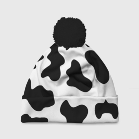 Шапка 3D c помпоном с принтом Му-му , 100% полиэстер | универсальный размер, печать по всей поверхности изделия | абстракция | бык | кожа коровы | корова | му му | пятна | черно белое | черно белые пятна