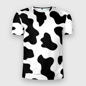 Мужская футболка 3D спортивная с принтом Му-му в Тюмени, 100% полиэстер с улучшенными характеристиками | приталенный силуэт, круглая горловина, широкие плечи, сужается к линии бедра | Тематика изображения на принте: абстракция | бык | кожа коровы | корова | му му | пятна | черно белое | черно белые пятна