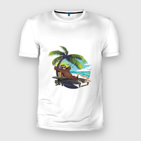 Мужская футболка 3D Slim с принтом Отпуск в Тюмени, 100% полиэстер с улучшенными характеристиками | приталенный силуэт, круглая горловина, широкие плечи, сужается к линии бедра | ленивец | отдых | отпуск | пальма | пляж