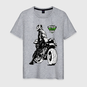 Мужская футболка хлопок с принтом Kawasaki Ninja Cup в Кировске, 100% хлопок | прямой крой, круглый вырез горловины, длина до линии бедер, слегка спущенное плечо. | cup | engine | girl | helmet | motorcycle | power | двигатель | девушка | кубок | мотоцикл | мощь | шлем