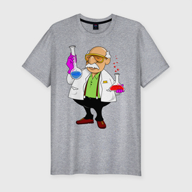 Мужская футболка хлопок Slim с принтом Химик в Новосибирске, 92% хлопок, 8% лайкра | приталенный силуэт, круглый вырез ворота, длина до линии бедра, короткий рукав | лаборант | научные открытия | опыты | пробирка | химик