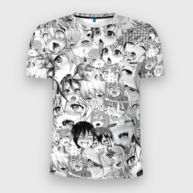 Мужская футболка 3D Slim с принтом Ahegao monochrome в Тюмени, 100% полиэстер с улучшенными характеристиками | приталенный силуэт, круглая горловина, широкие плечи, сужается к линии бедра | аниме | ахегао | манго | черно белое | япония
