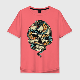 Мужская футболка хлопок Oversize с принтом SnakeSkull в Санкт-Петербурге, 100% хлопок | свободный крой, круглый ворот, “спинка” длиннее передней части | fangs | jaw | orbits | skull | snake | sting | teeth | глазницы | жало | змея | зубы | клыки | пасть | череп