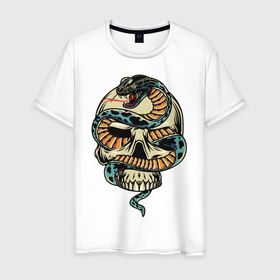 Мужская футболка хлопок с принтом SnakeSkull в Кировске, 100% хлопок | прямой крой, круглый вырез горловины, длина до линии бедер, слегка спущенное плечо. | fangs | jaw | orbits | skull | snake | sting | teeth | глазницы | жало | змея | зубы | клыки | пасть | череп
